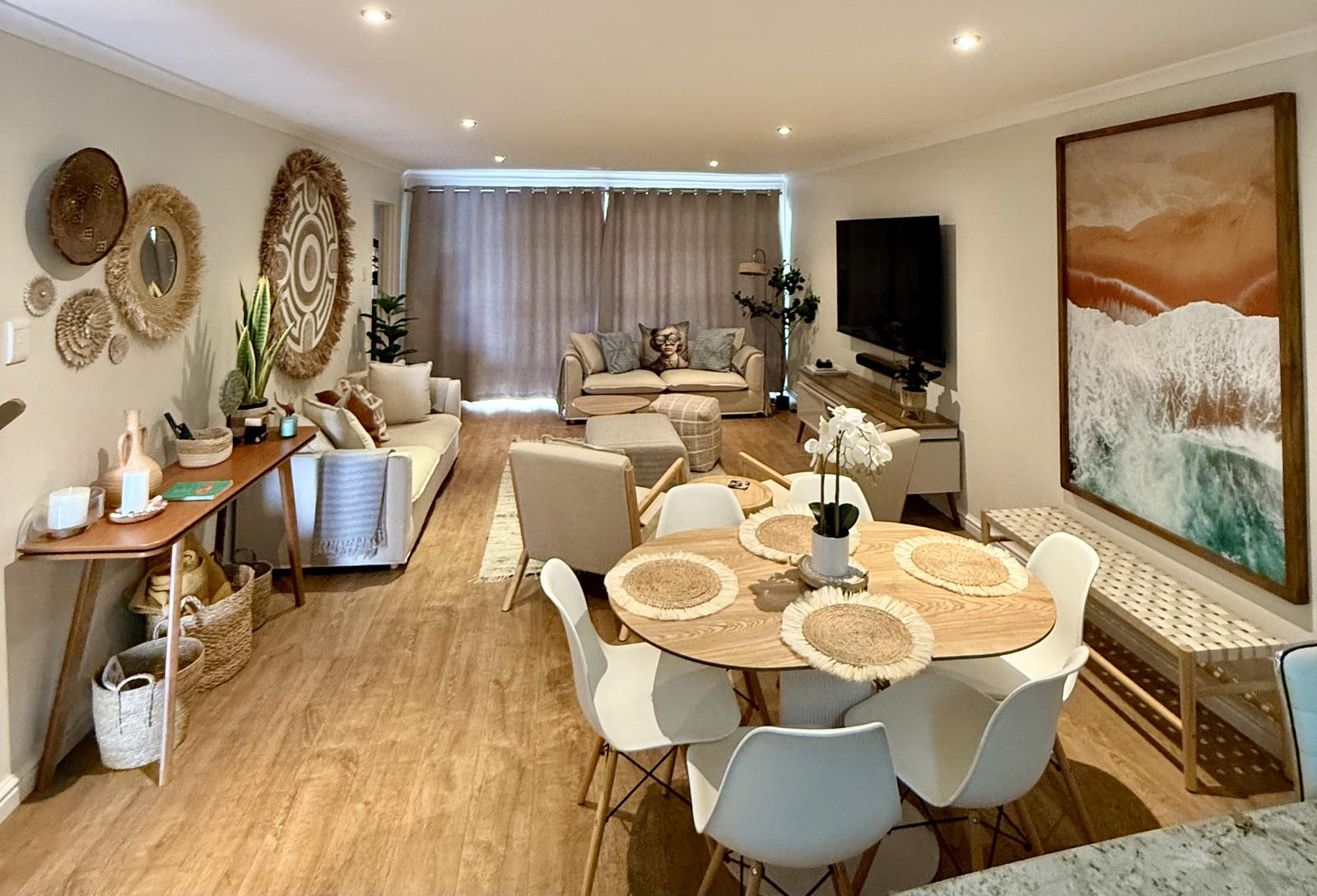 Peak-a-Blue dining and lounge with rattan decor